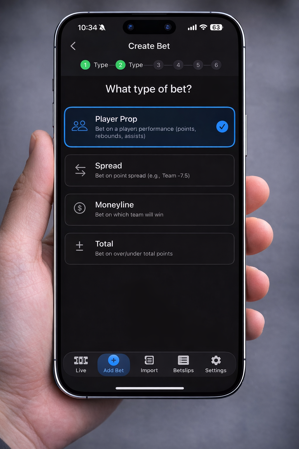 Player prop, spread, moneyline, and total bet choices in BetSlip Live on iPhone